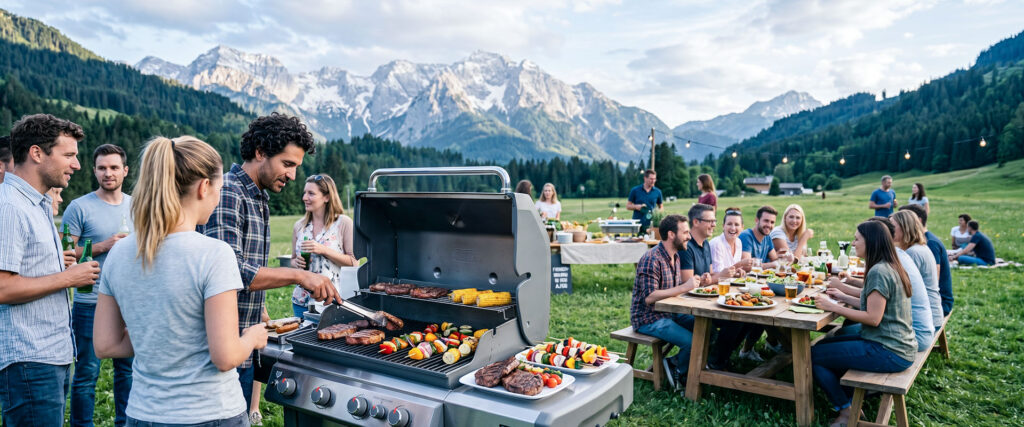 Eine große Gruppe beim BBQ in den Bergen.