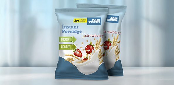 Beispiel-Verpackung eines Instant Porridges mit Jochen Schweizer Kooperation