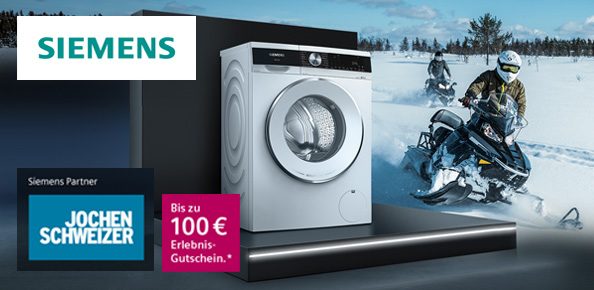 Waschmaschine in Schneelandschaft mit Jochen Schweizer Kooperation