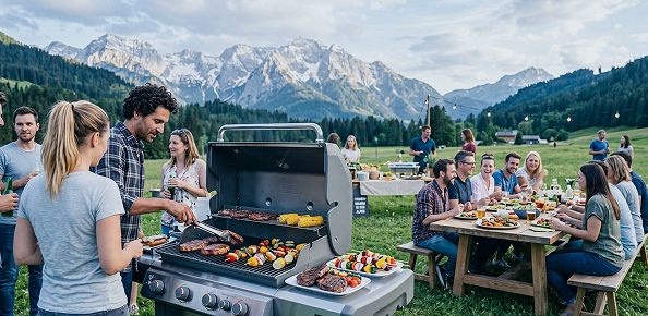 Gruppe in den Bergen beim Grillen.